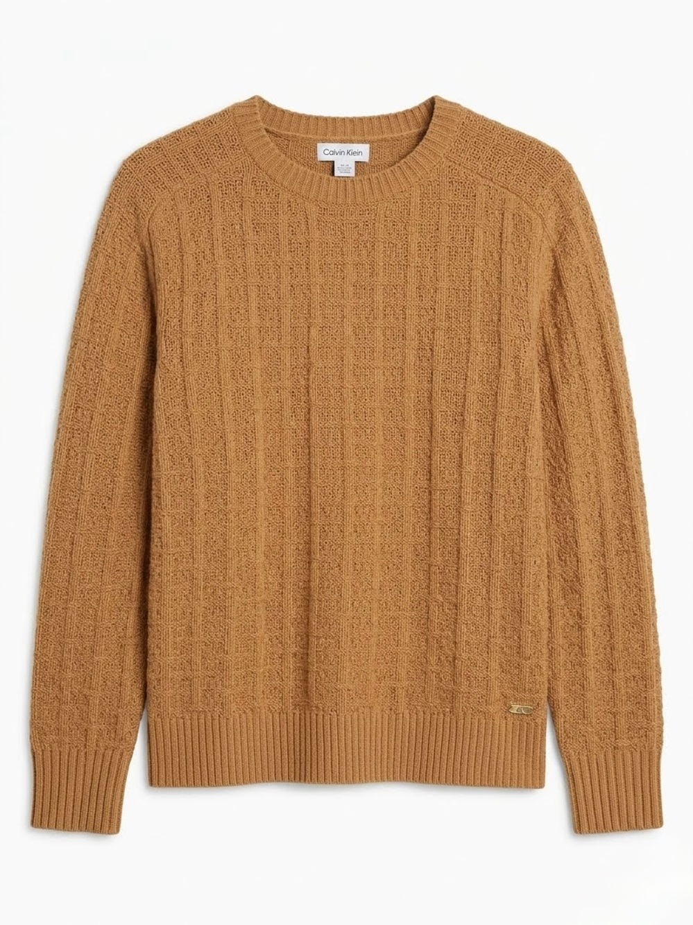 Calvin Klein Crewneck Cable Knit Camel Tan Pullover Boxy Sweater M Quiet Luxury